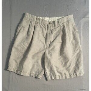 Roundtree & Yorke Shorts Men Size 36 Beige Pleated Front Linen Cotton Blend